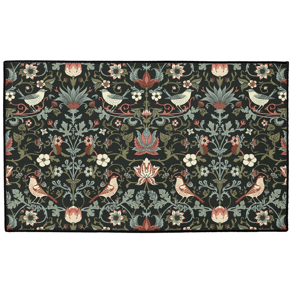 Enchanted Strawberry Thief Indoor/Outdoor Floor Mat William Morris Black