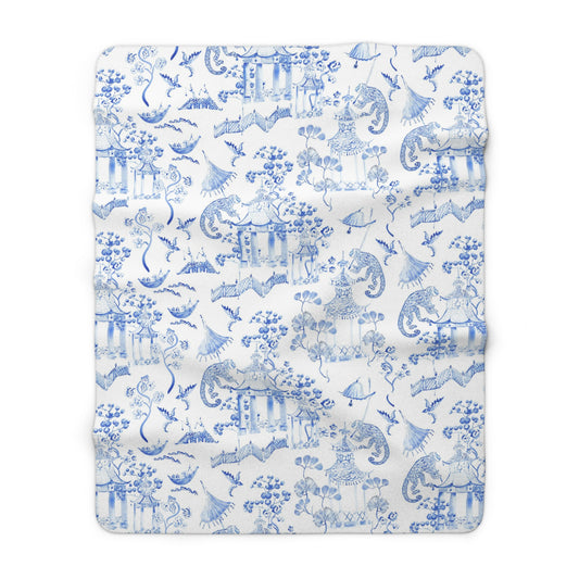 Toile de Jouy Blue Monkey Fleece Lined Blanket