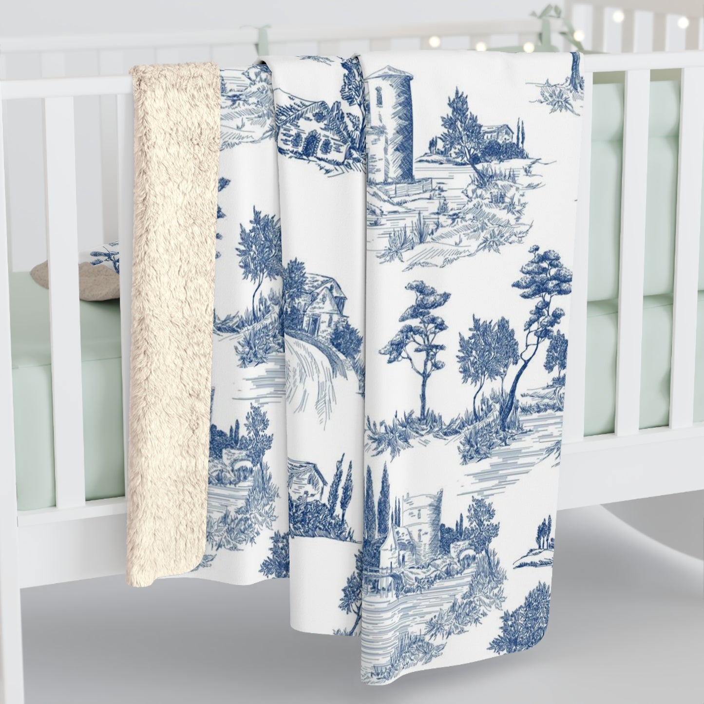 Navy Blue Toile de Jouy Fleece Lined Blanket