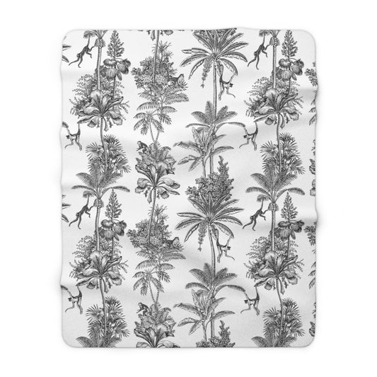 Toile de Jouy Black Monkey Palm Fleece Lined Blanket