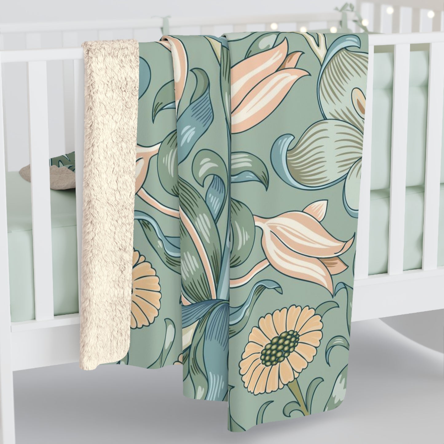 William Morris Duck Egg Tulip Fleece Lined Blanket