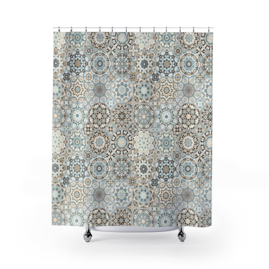 Azulejos Shower Curtain Beige Blue