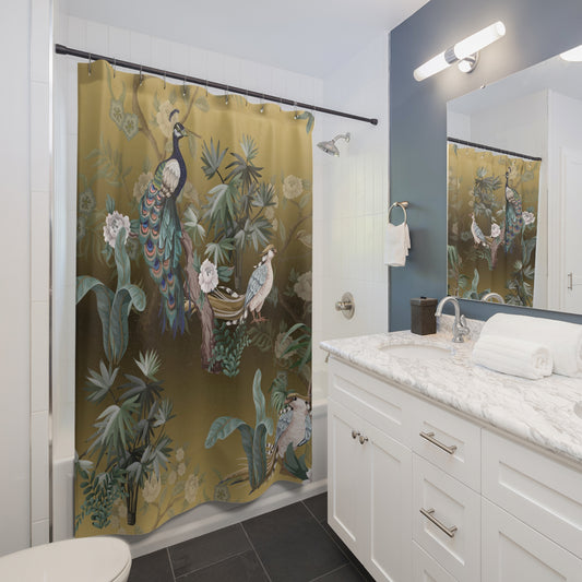 Chinoiserie Oriental Golden Peacock Shower Curtain