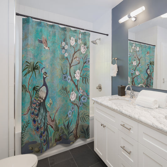 Chinoiserie Blue Peacock Shower Curtain