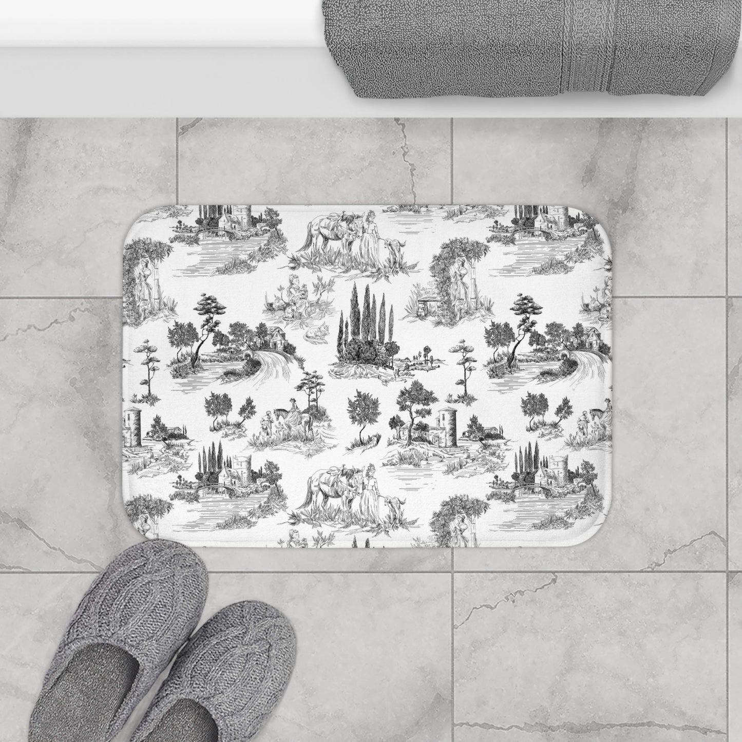 Vintage Toile de Jouy Bath Mat Black & White
