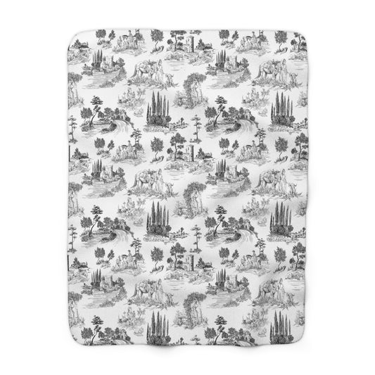 Toile de Jouy Black Fleece Lined Blanket