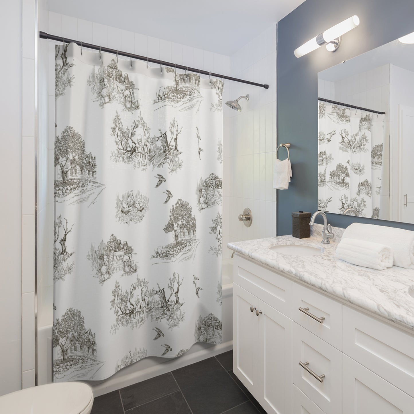 Soft Black Toile de Jouy Shower Curtain