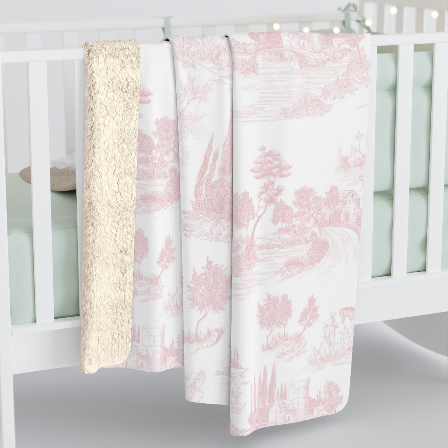 Light Pink Toile de Jouy Fleece Lined Blanket