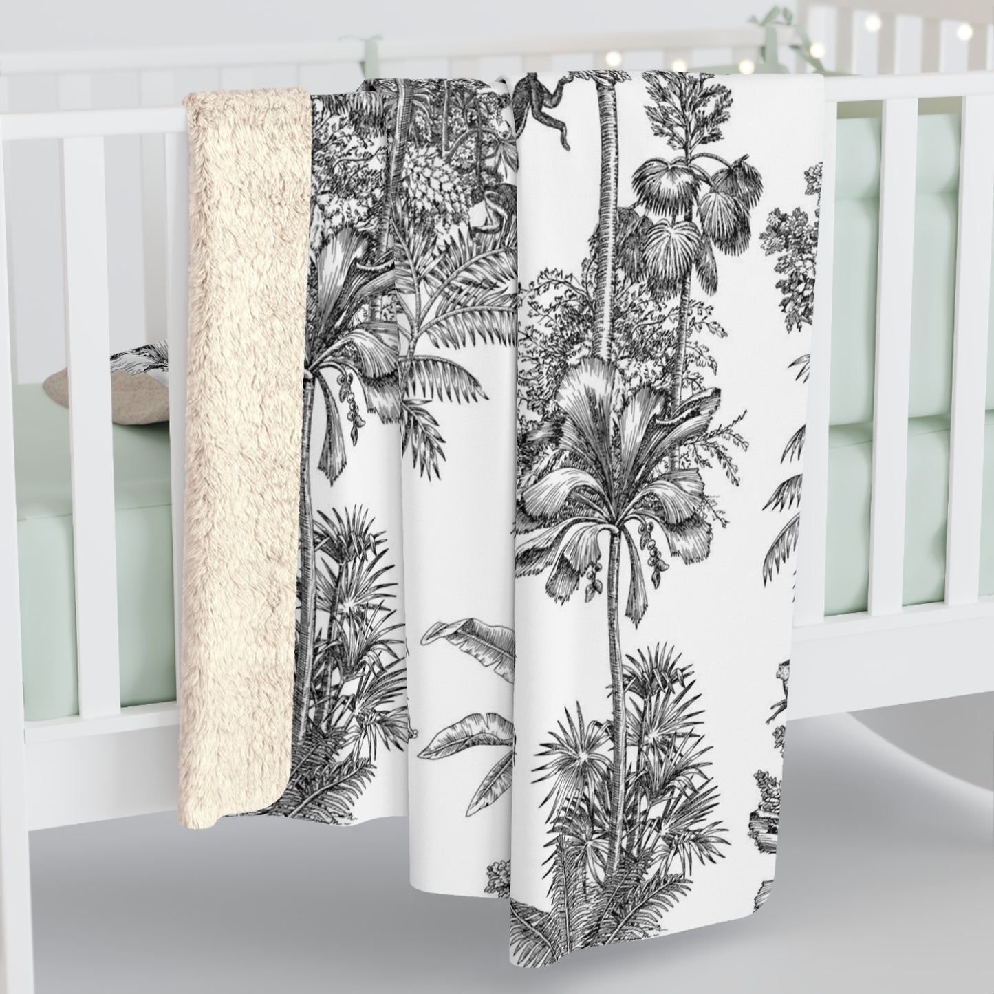 Toile de Jouy Black Monkey Palm Fleece Lined Blanket