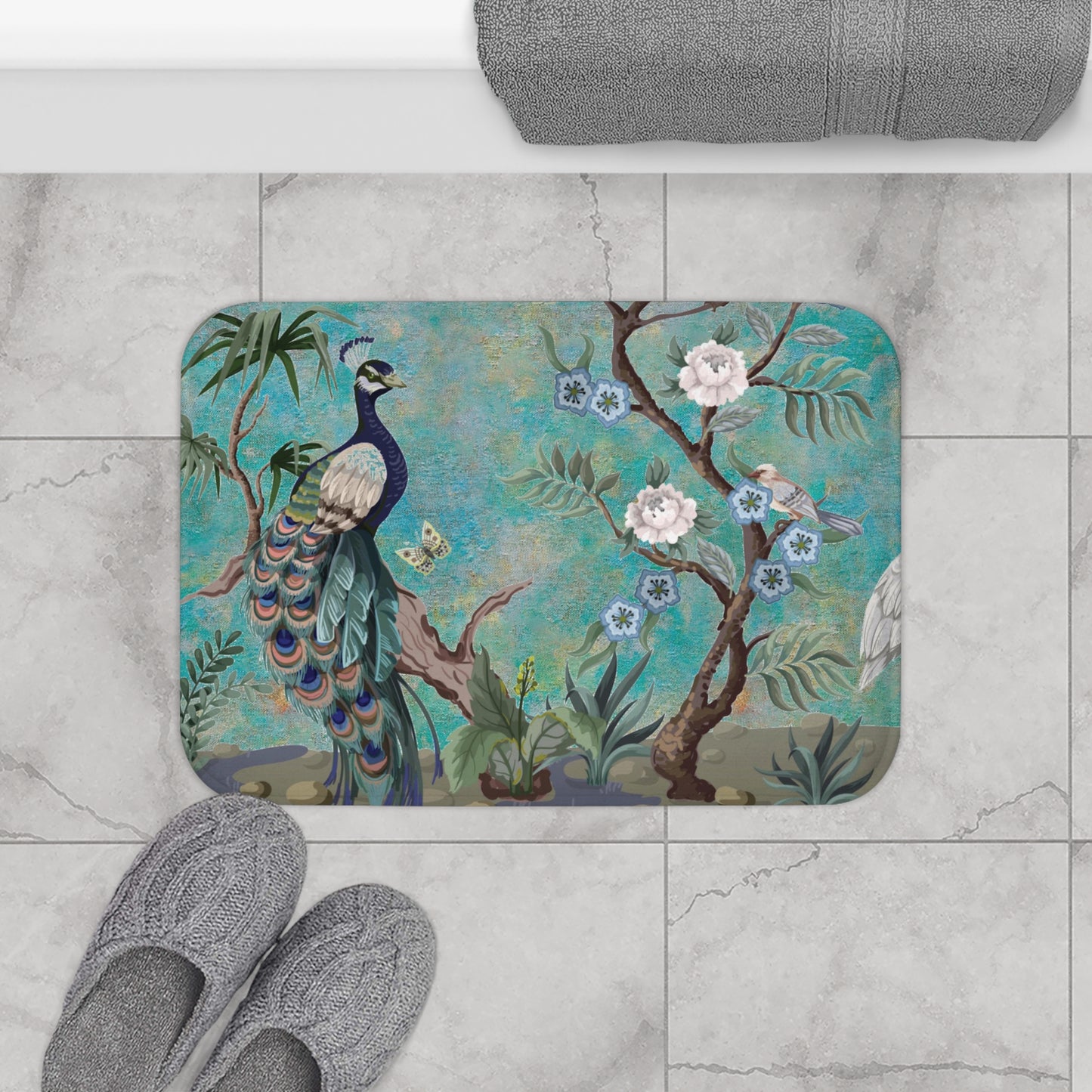 Chinoiserie Bath Mat Blue Peacock