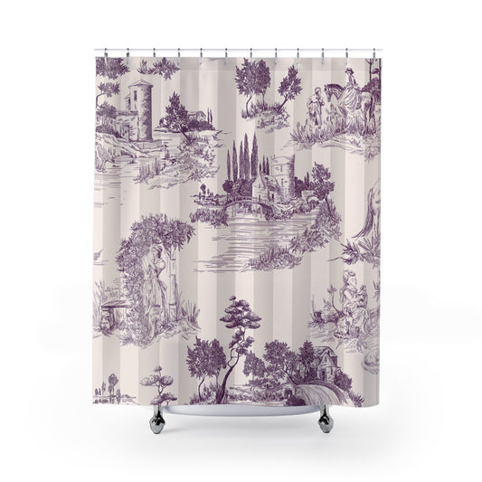 Antique Toile de Jouy Shower Curtain Plum Cream Stripe