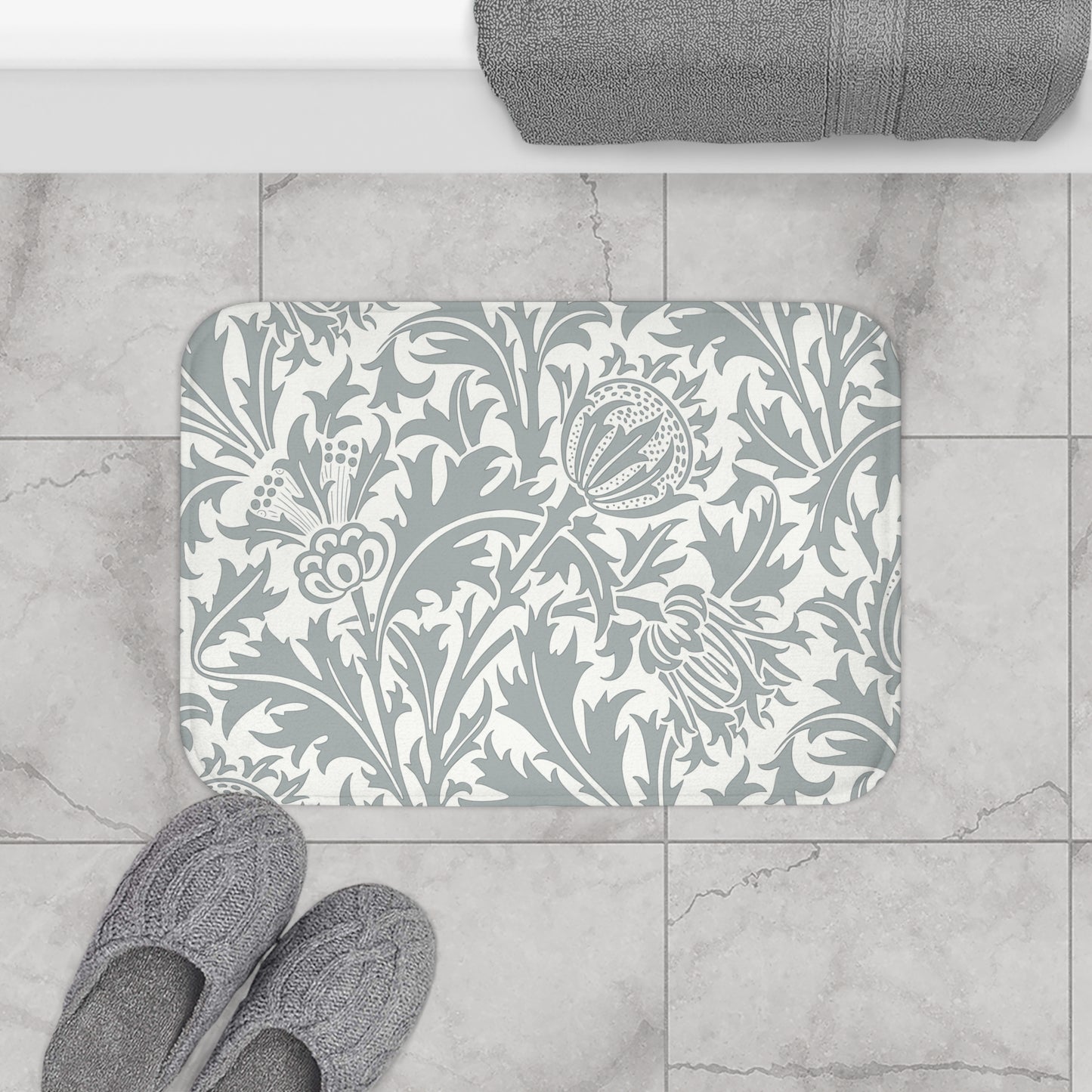 William Morris Bath Mat Thistle Gray White
