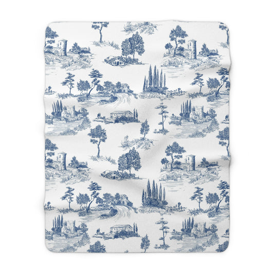 Navy Blue Toile de Jouy Fleece Lined Blanket