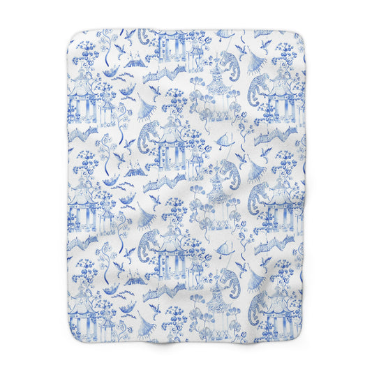 Toile de Jouy Blue Monkey Fleece Lined Blanket