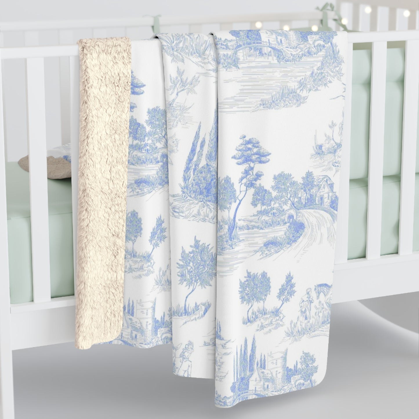 Light Blue Toile de Jouy Fleece Lined Blanket