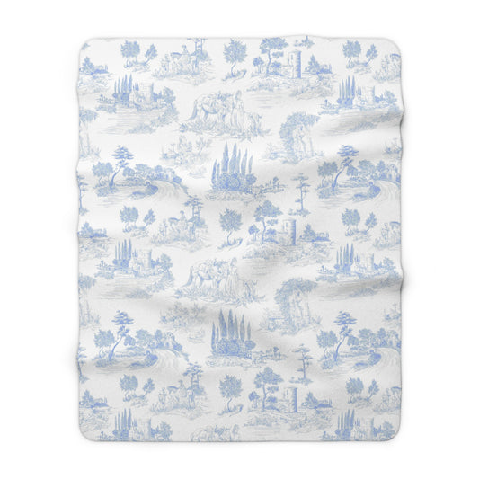 Light Blue Toile de Jouy Fleece Lined Blanket
