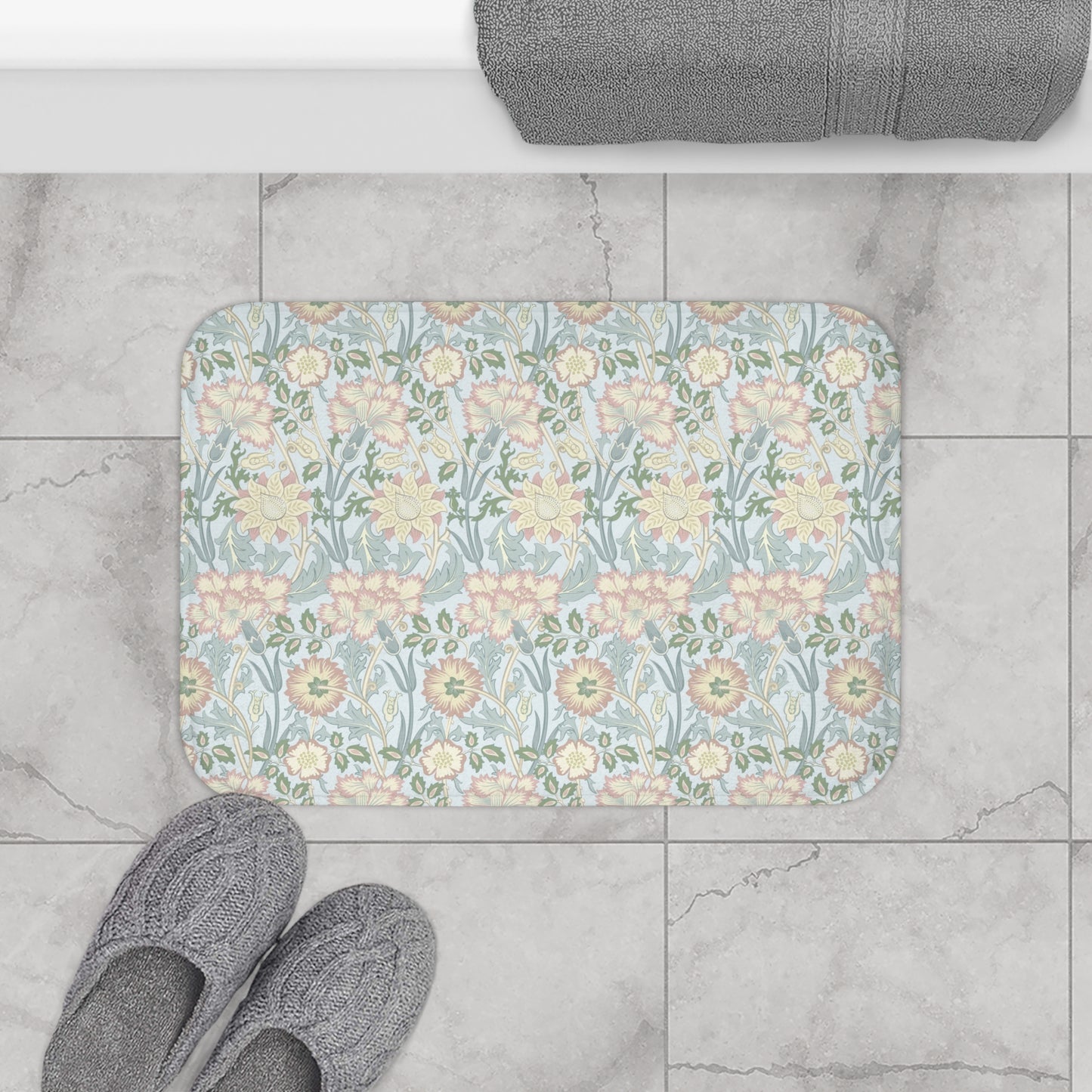 William Morris Bath Mat Pastel Blue Pink & Rose