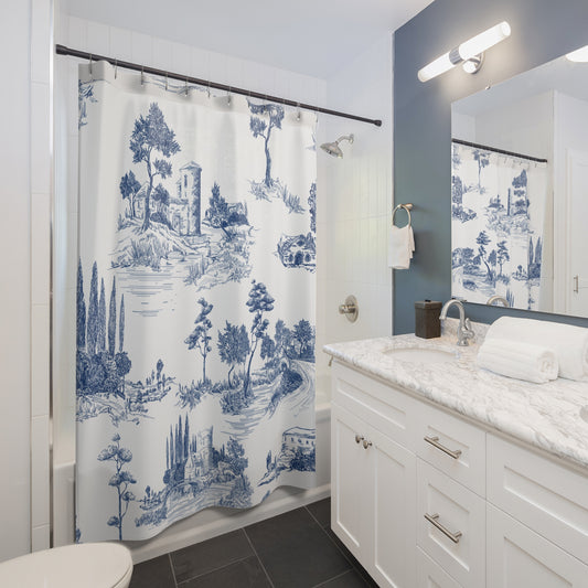 Blue Toile de Jouy Shower Curtain