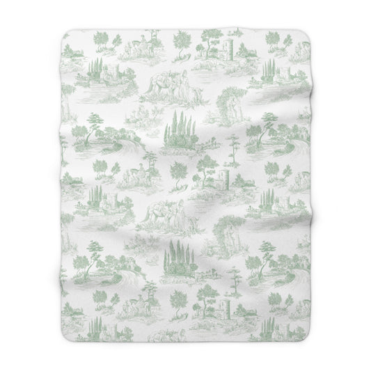 Toile de Jouy Sage Green Fleece Lined Blanket