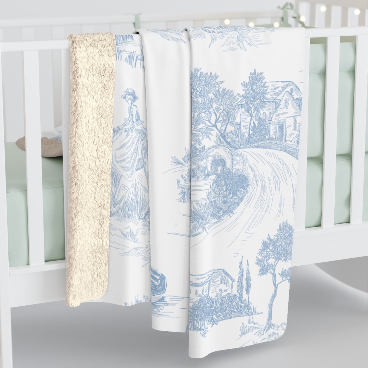 Light Blue Toile de Jouy Fleece Lined Blanket