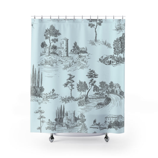 Light Blue Toile de Jouy Shower Curtain