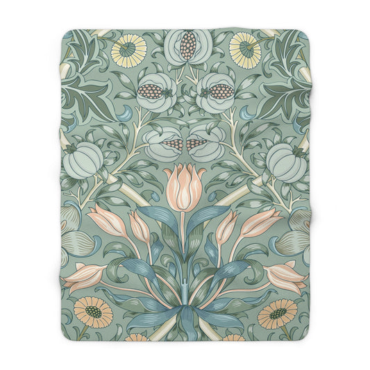 William Morris Duck Egg Tulip Fleece Lined Blanket