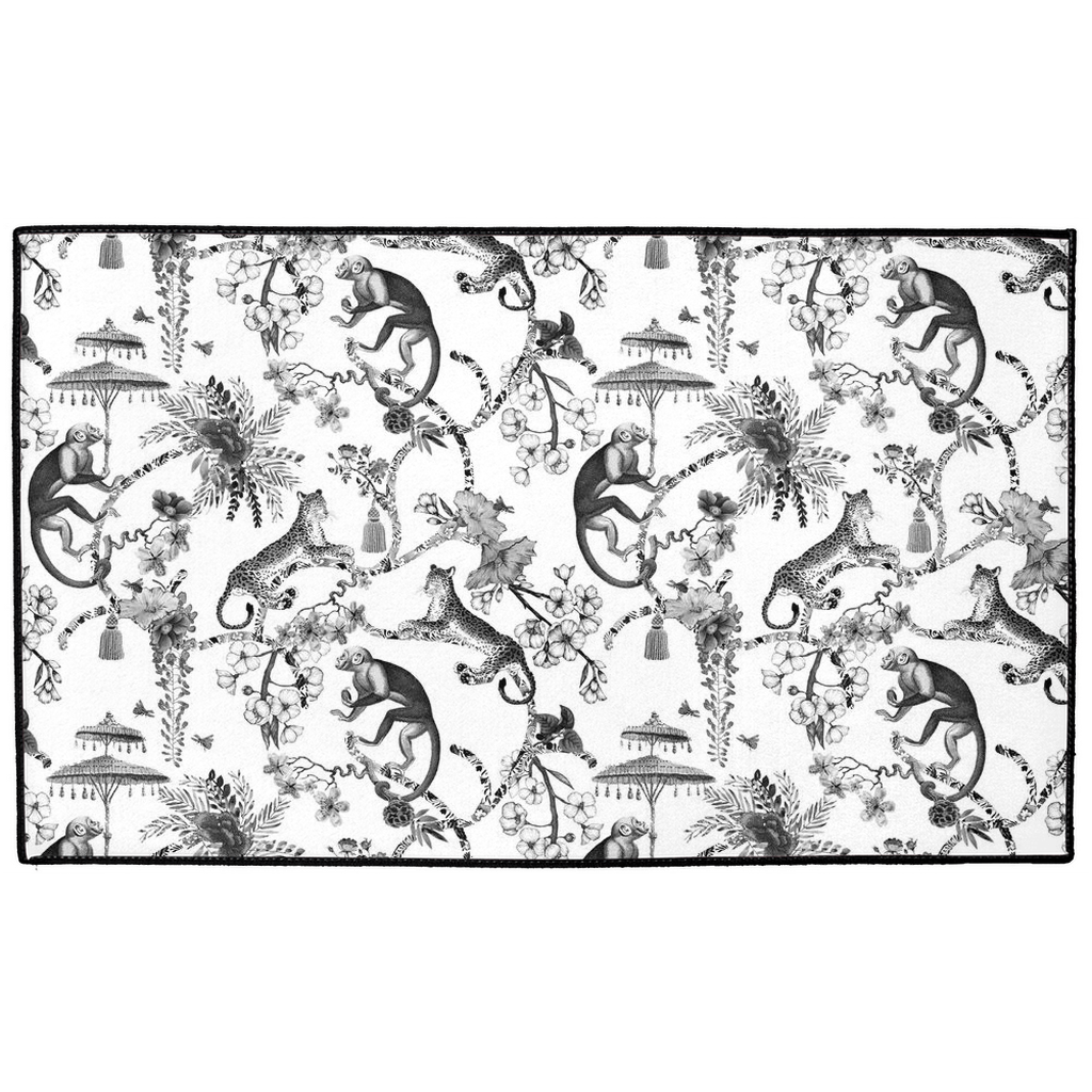 Chinoiserie Indoor/Outdoor Floor Mat Black Toile de Jouy Monkey