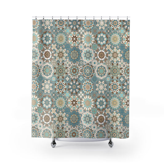 Azulejos Shower Curtain Beige Aqua Sage