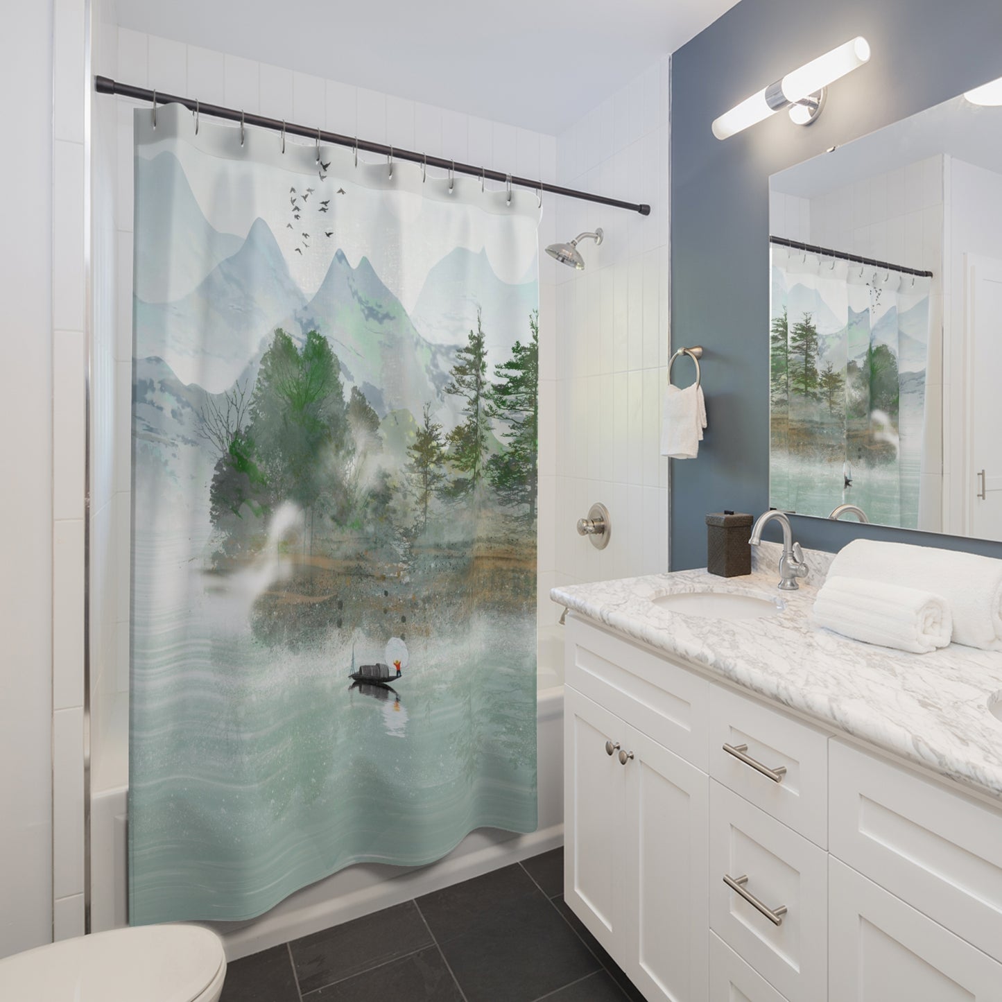 Japanese Misty River Landscape Shower Curtain