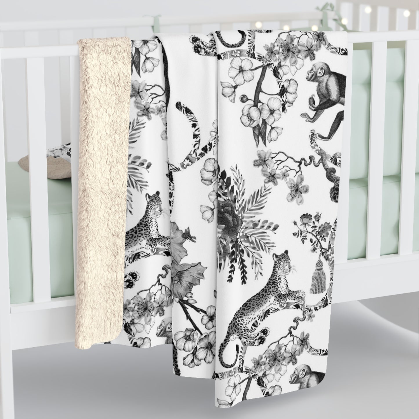 Toile de Jouy Black Monkey Jungle Fleece Lined Blanket