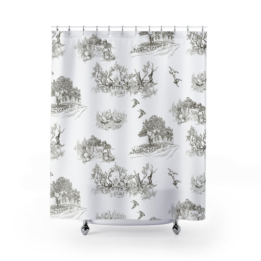 Soft Black Toile de Jouy Shower Curtain