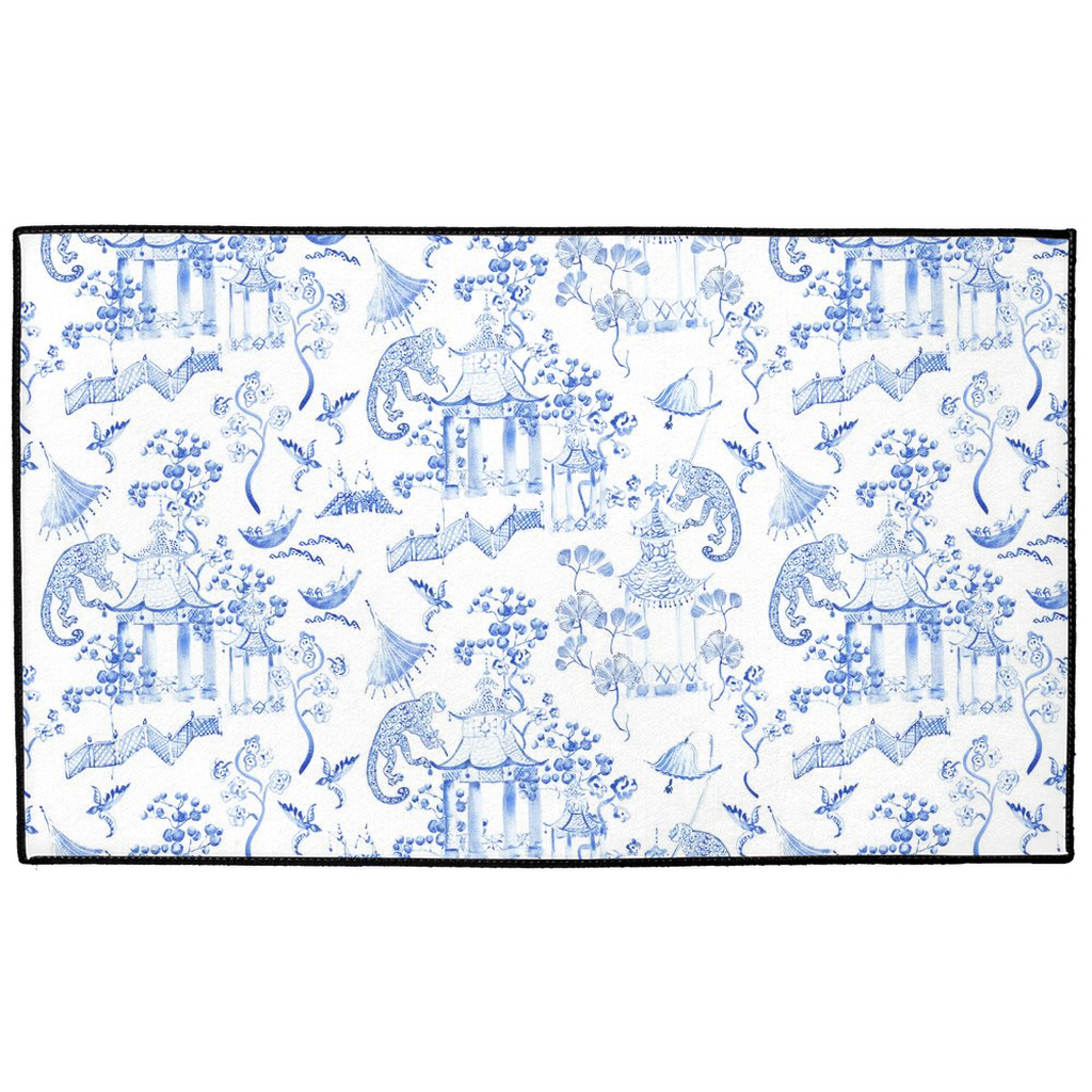Chinoiserie Indoor/Outdoor Floor Mat Blue Toile de Jouy Monkey