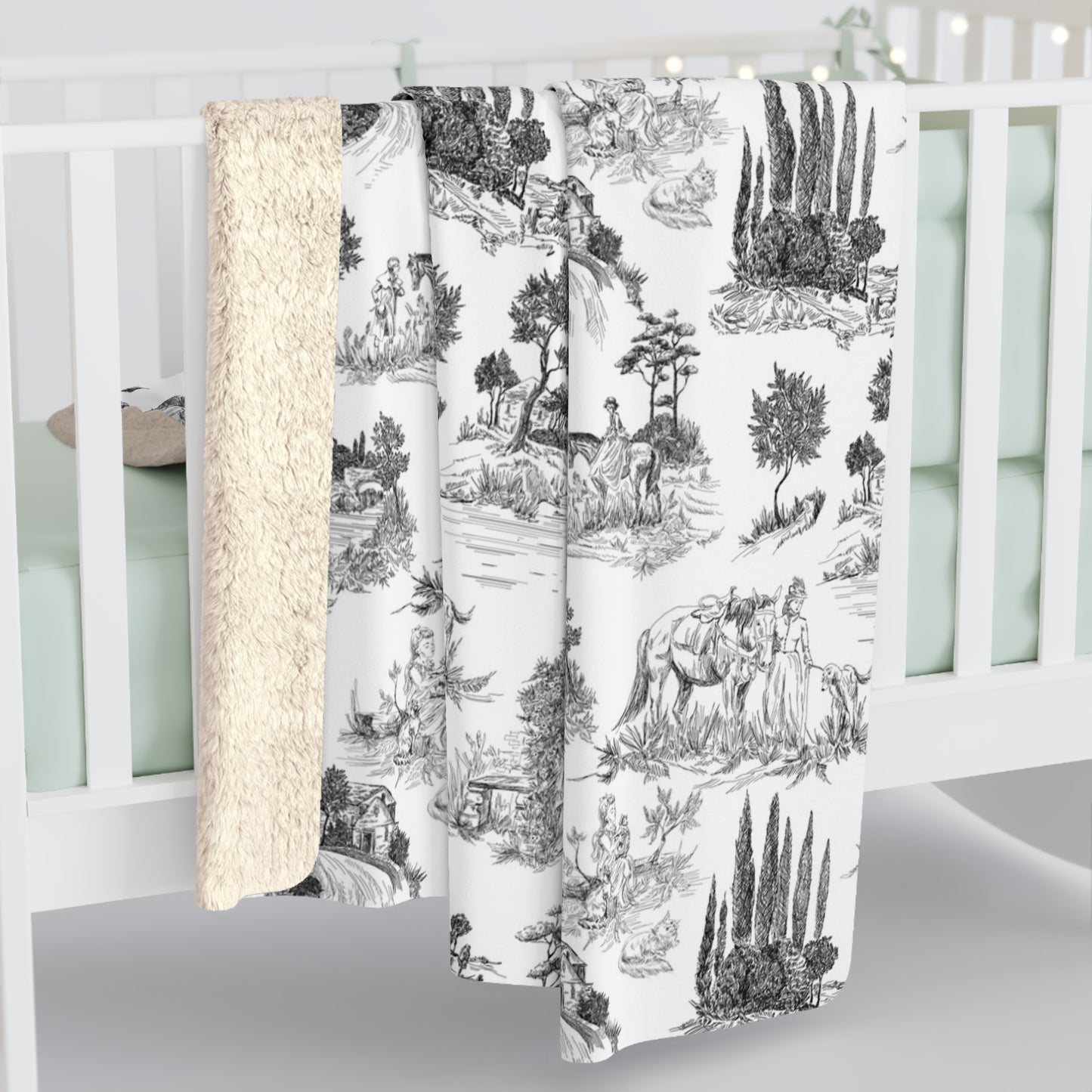 Toile de Jouy Black Fleece Lined Blanket