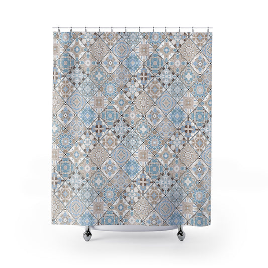 Azulejos Shower Curtain Beige Light Blue