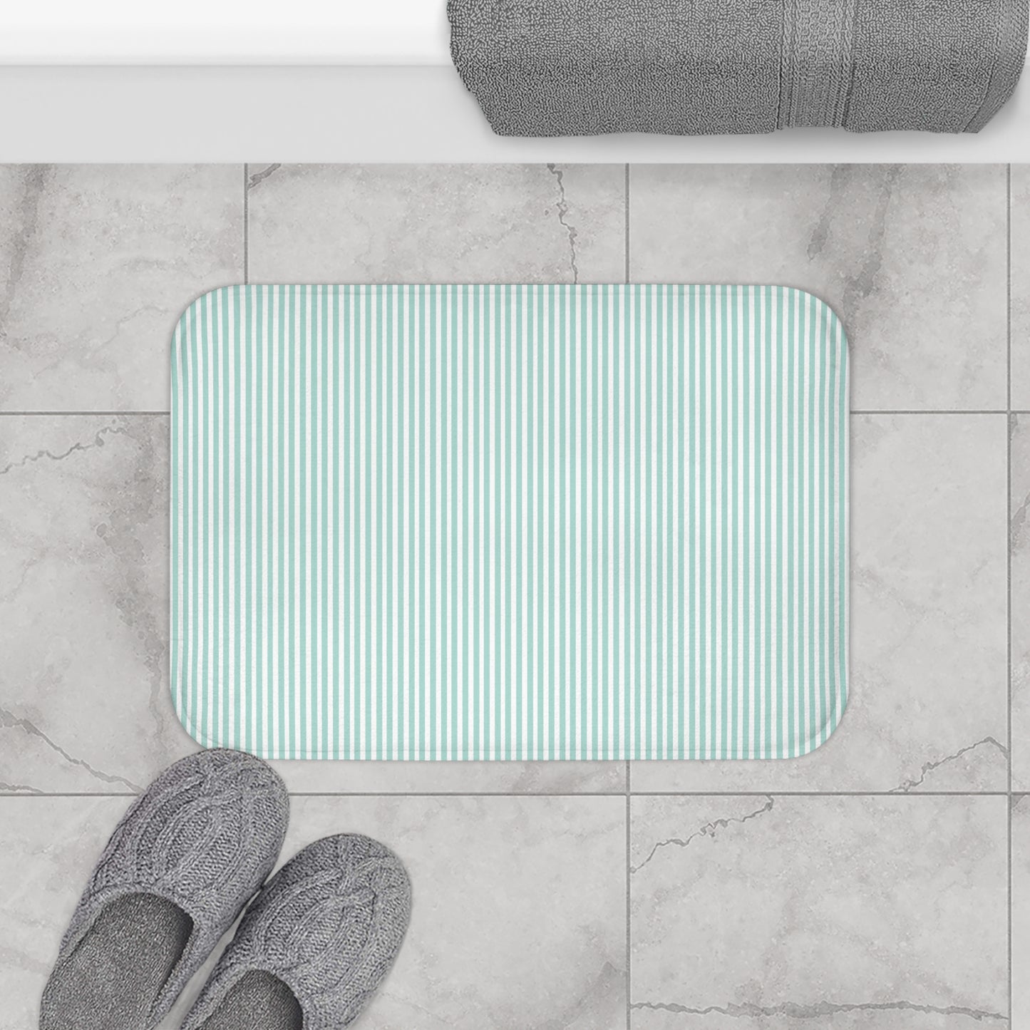 Seersucker Stripe Bath Mat Aqua Mint & White