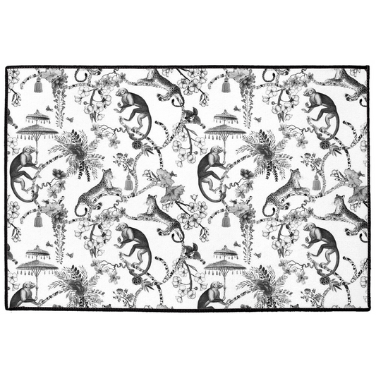 Chinoiserie Indoor/Outdoor Floor Mat Black Toile de Jouy Monkey