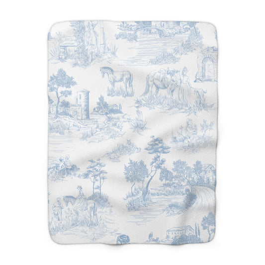 Light Blue Toile de Jouy Fleece Lined Blanket