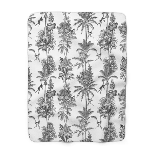 Toile de Jouy Black Monkey Palm Fleece Lined Blanket