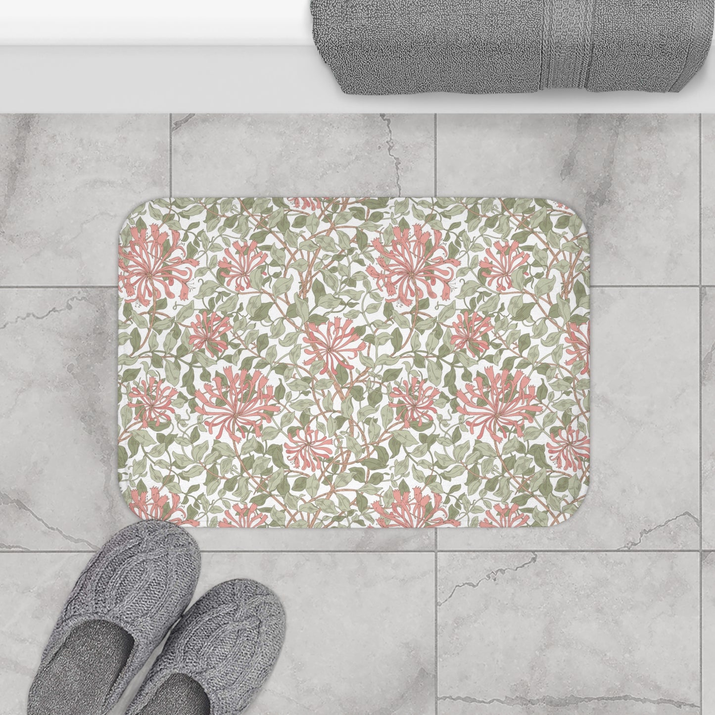 William Morris Bath Mat Honeysuckle Green Pink