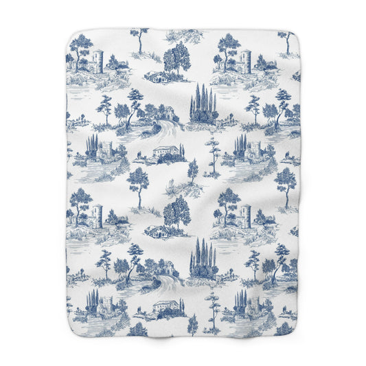 Navy Blue Toile de Jouy Fleece Lined Blanket
