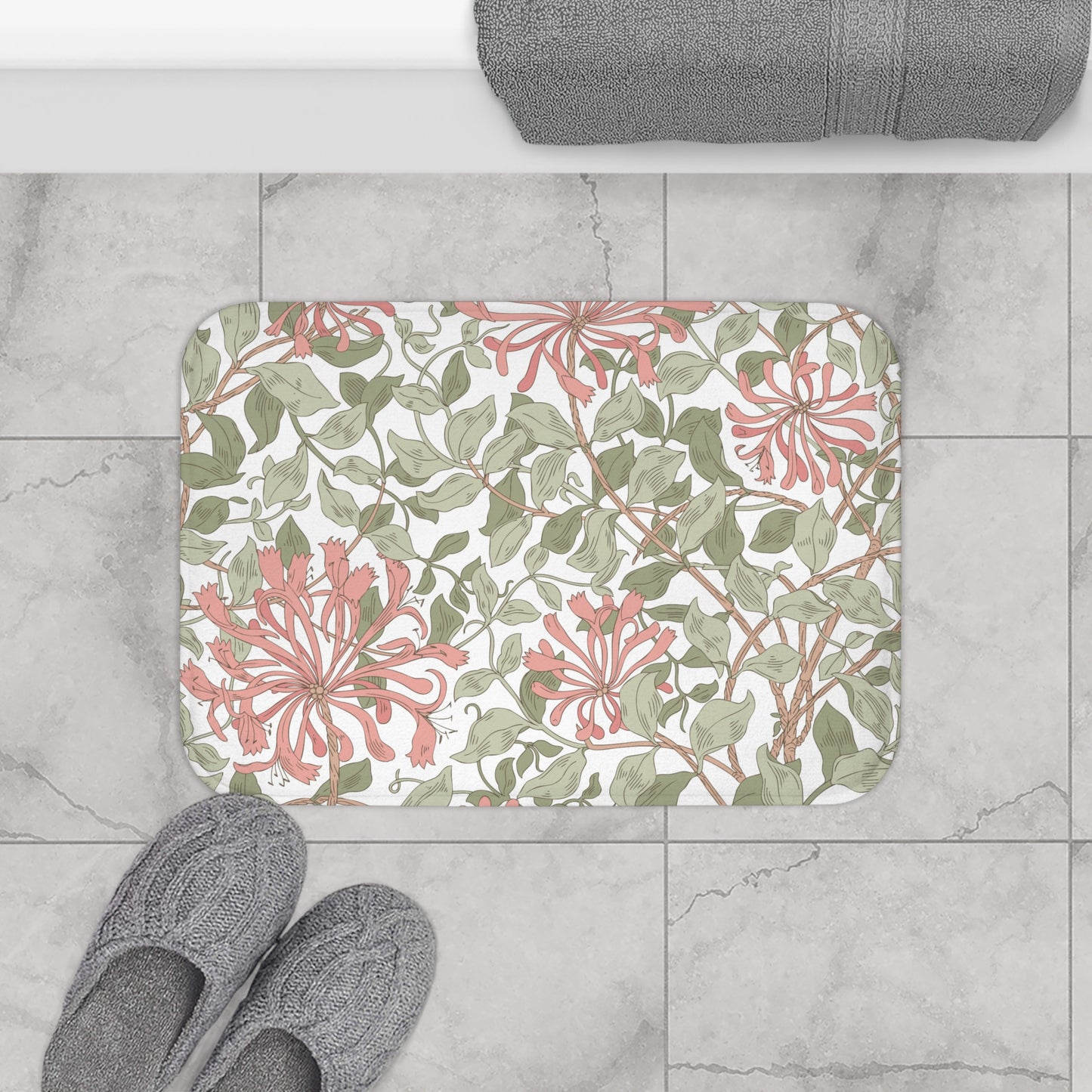William Morris Bath Mat Honeysuckle Soft Pink & Green