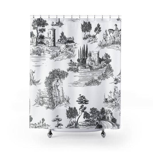 Black Toile de Jouy Shower Curtain