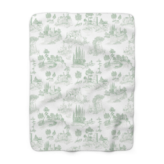 Toile de Jouy Sage Green Fleece Lined Blanket