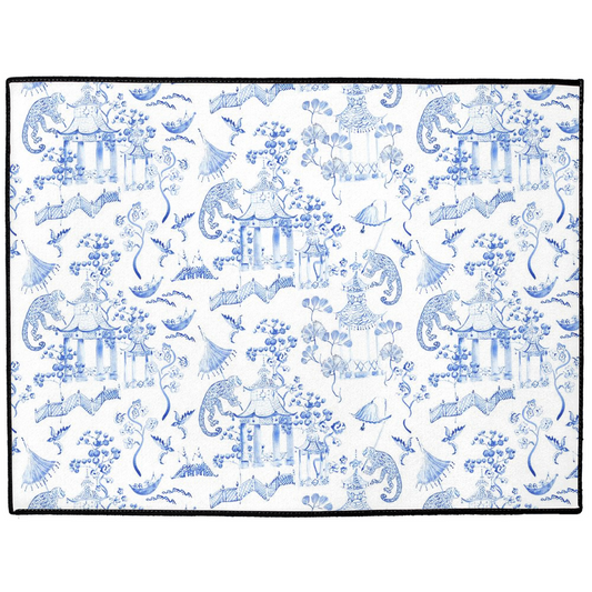 Chinoiserie Indoor/Outdoor Floor Mat Blue Toile de Jouy Monkey
