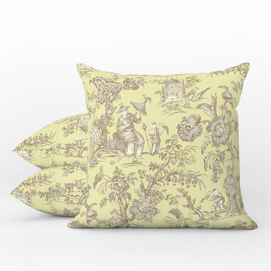 Chinoiserie Outdoor Pillows Antique Yellow Sepia Toile de Jouy