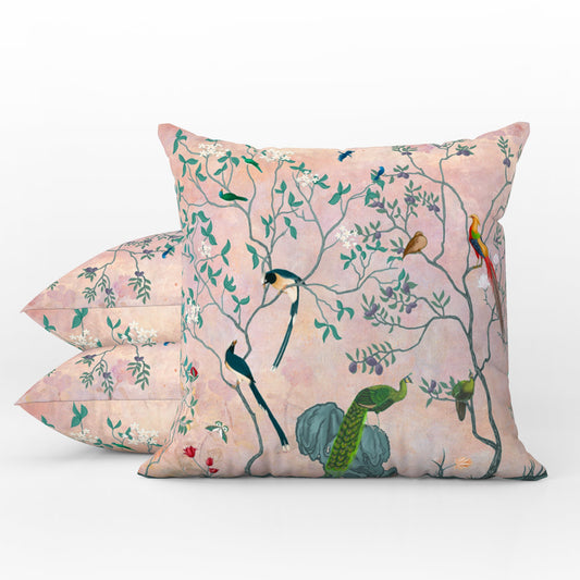 Chinoiserie Birds Outdoor Pillows Pink Blush Floral
