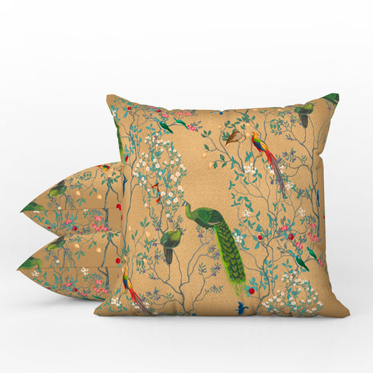 Chinoiserie Outdoor Pillows Golden Oriental Peacock Garden