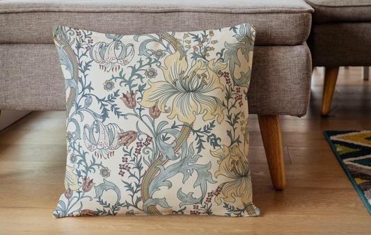 Enchanted Golden Lily Outdoor Pillow William Morris Blue Cream