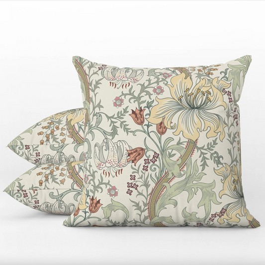Enchanted Golden Lily Outdoor Pillow William Morris Light Sage Green