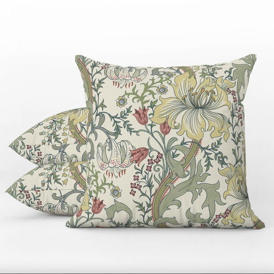 Enchanted Golden Lily Outdoor Pillow William Morris Sage Green